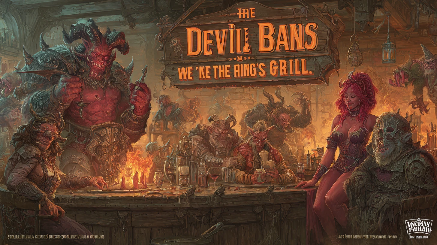 Demonic bartender serving patrons in a hellish fantasy bar