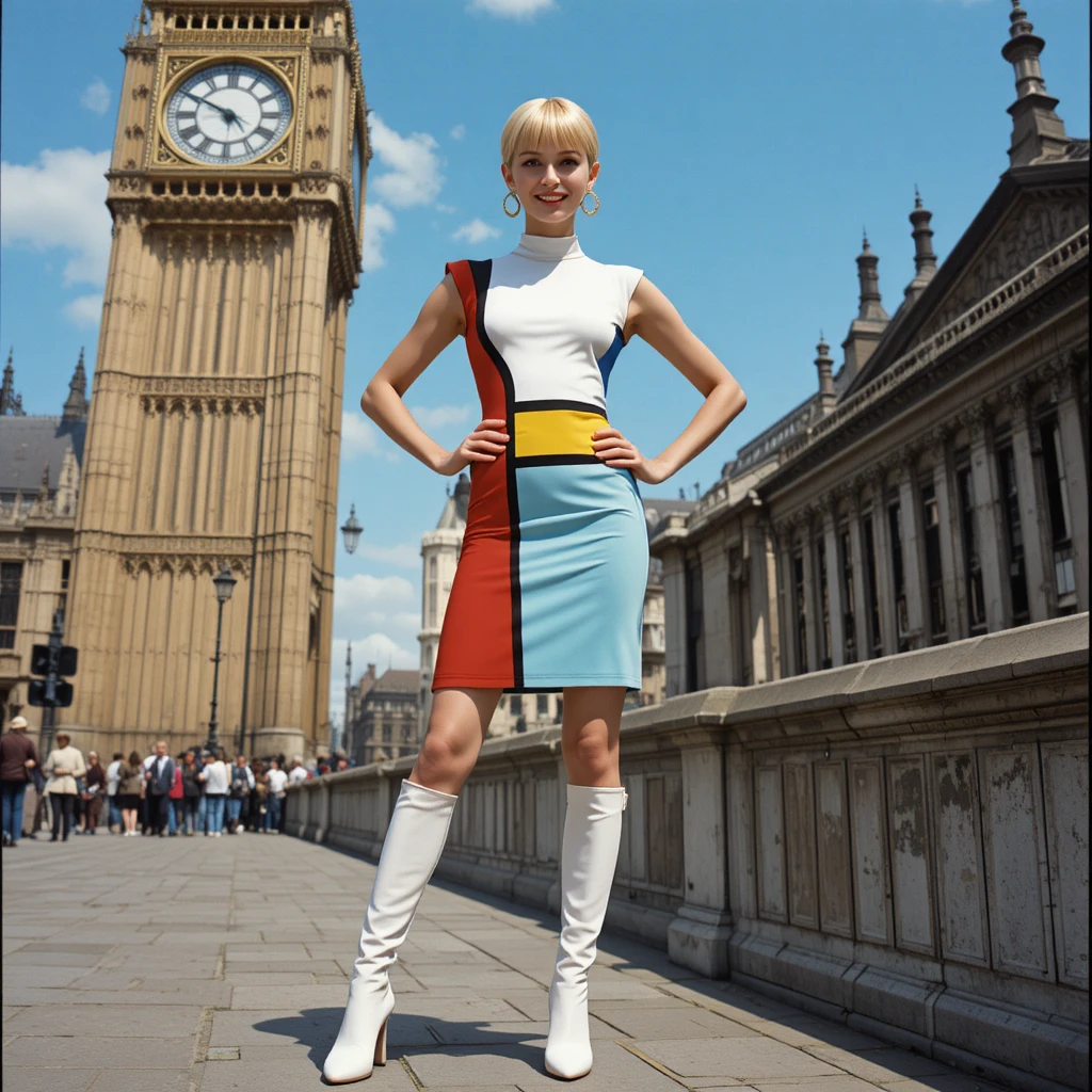 Giovane donna con abito a sacco stile Mondrian vicino a un'icona di Londra