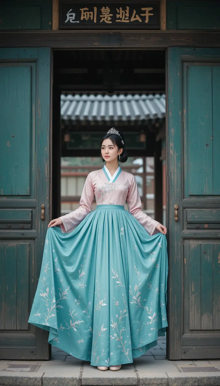 Young Korean woman in pink and teal hanbok at doorway