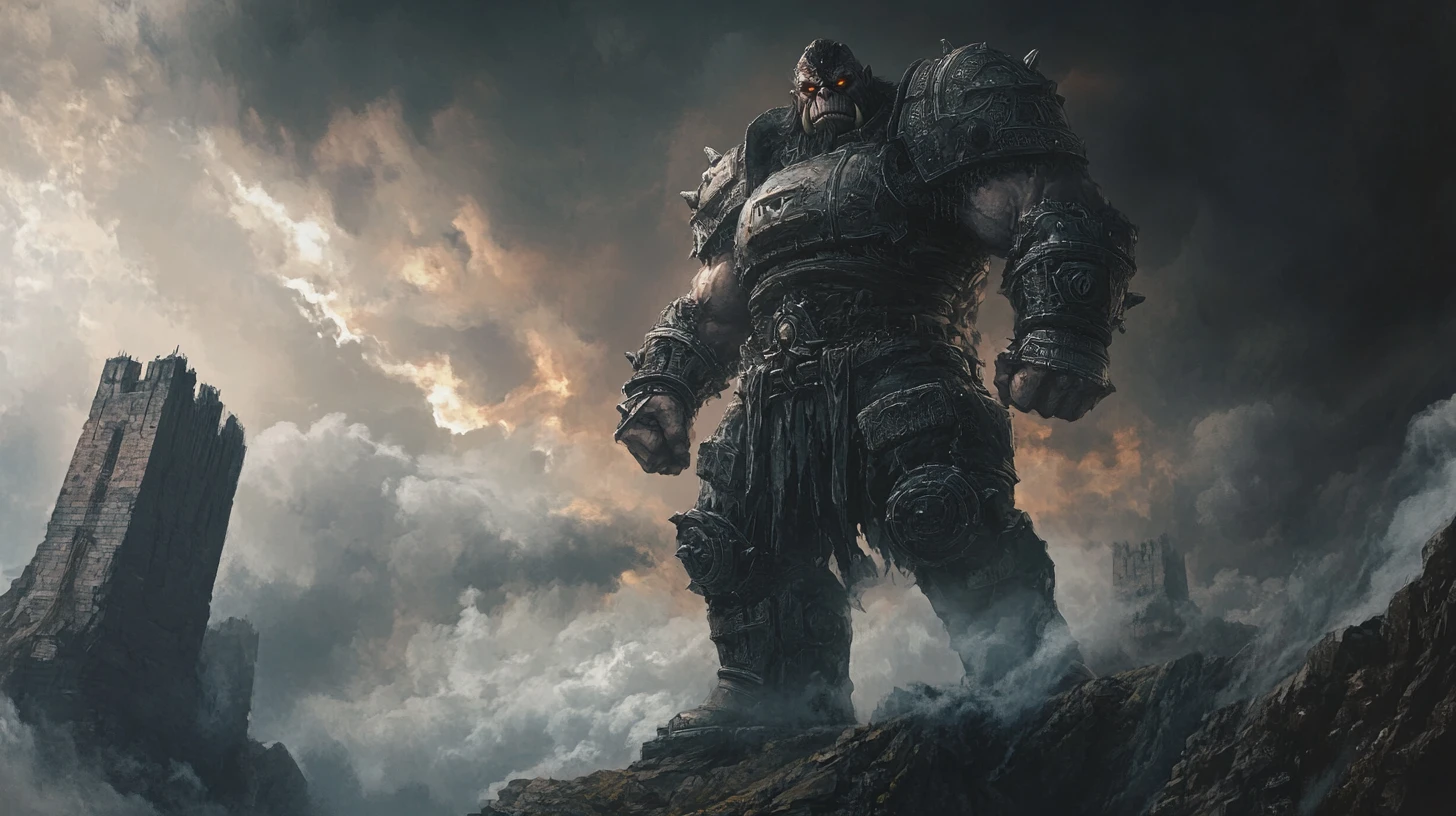Orc general on ruined citadel above stormy battlefield