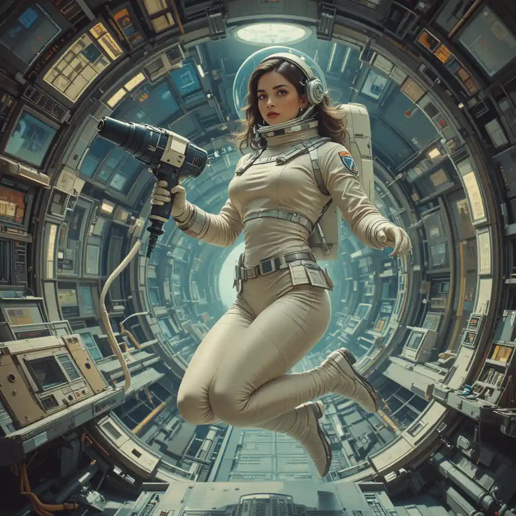 Astronautin schwebt in einer retrofuturistischen Raumstation