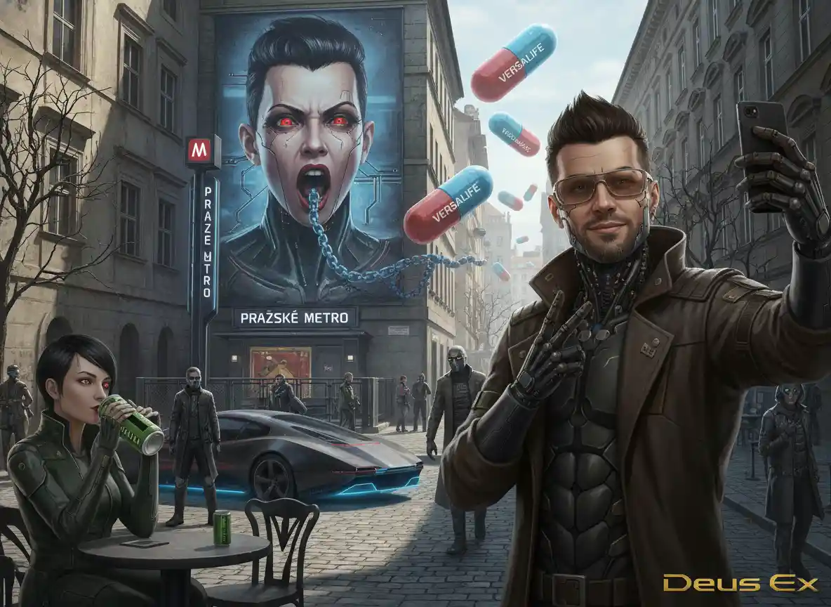 Futuristische Prager Straße mit riesigem Cyborg-Wandbild und Kapseln