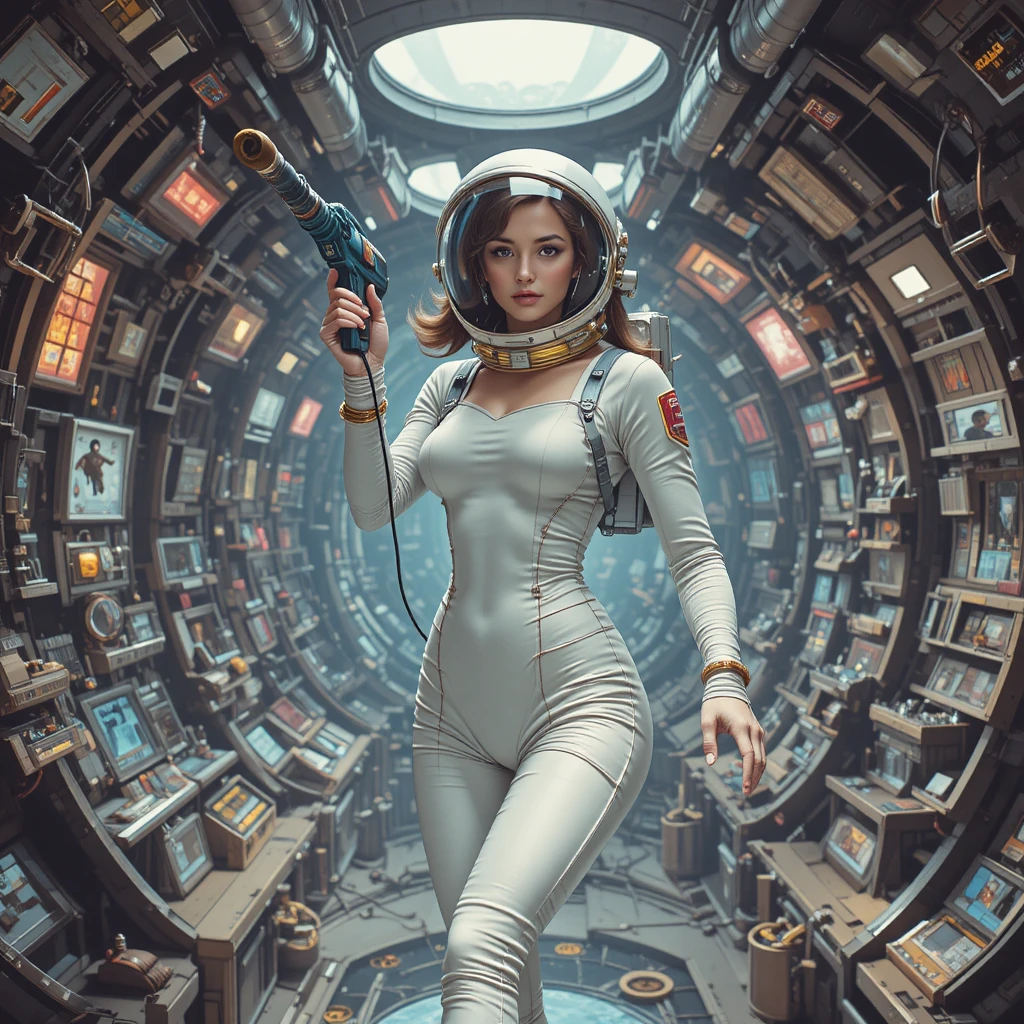 Weibliche Astronautin schwebt in einer retrofuturistischen Raumstation