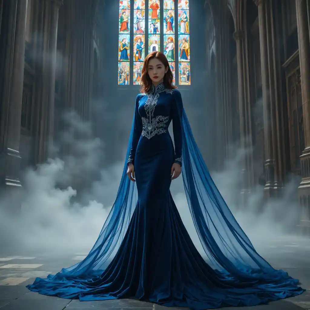 Regal Korean woman in velvet gown under stained glass light