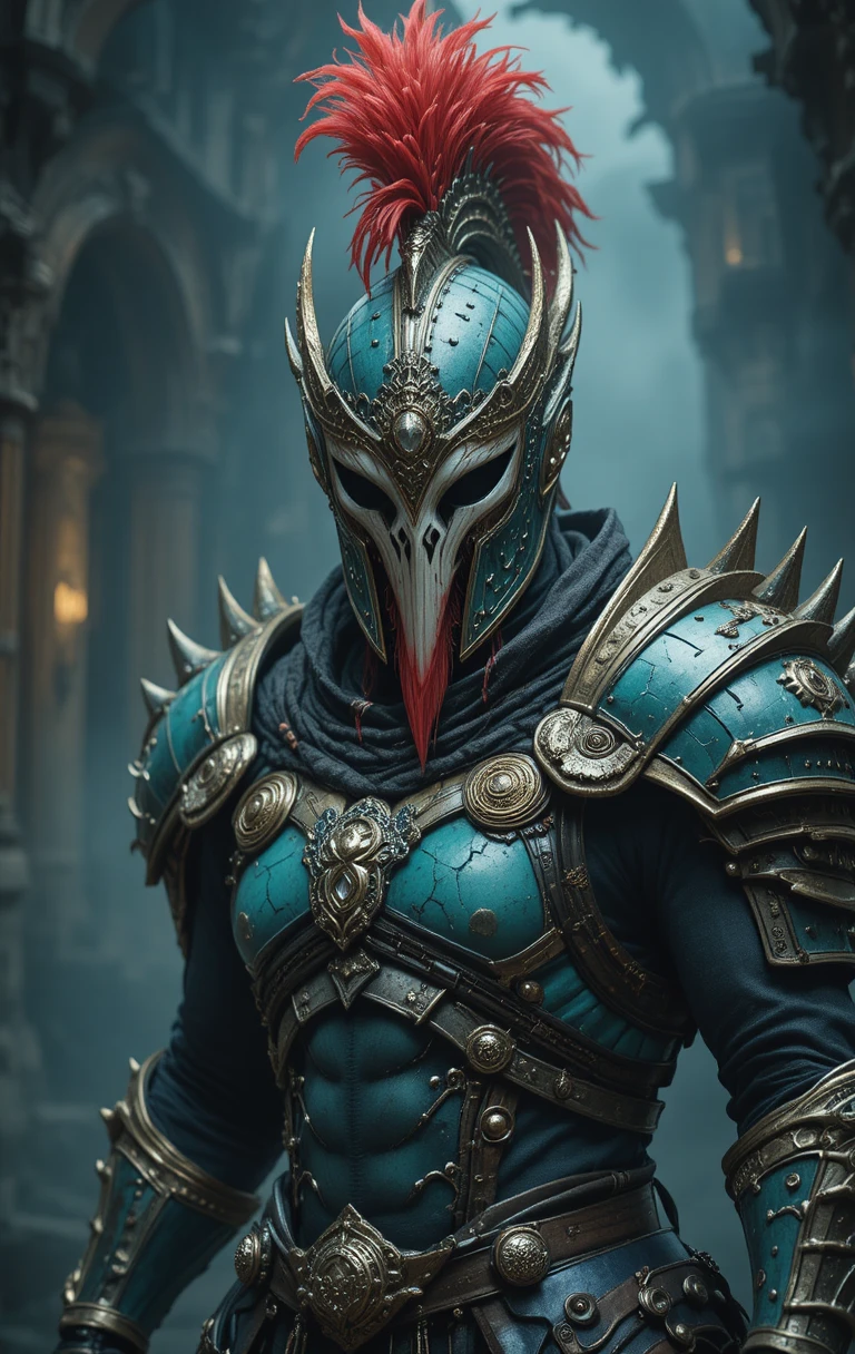 Fantasy warrior in ornate teal and gold armor