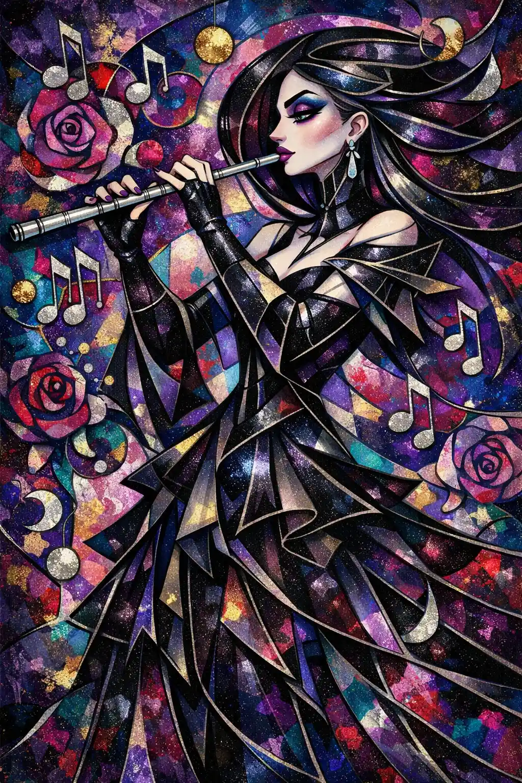 Cubist portrait of gothic woman playing a silver flute