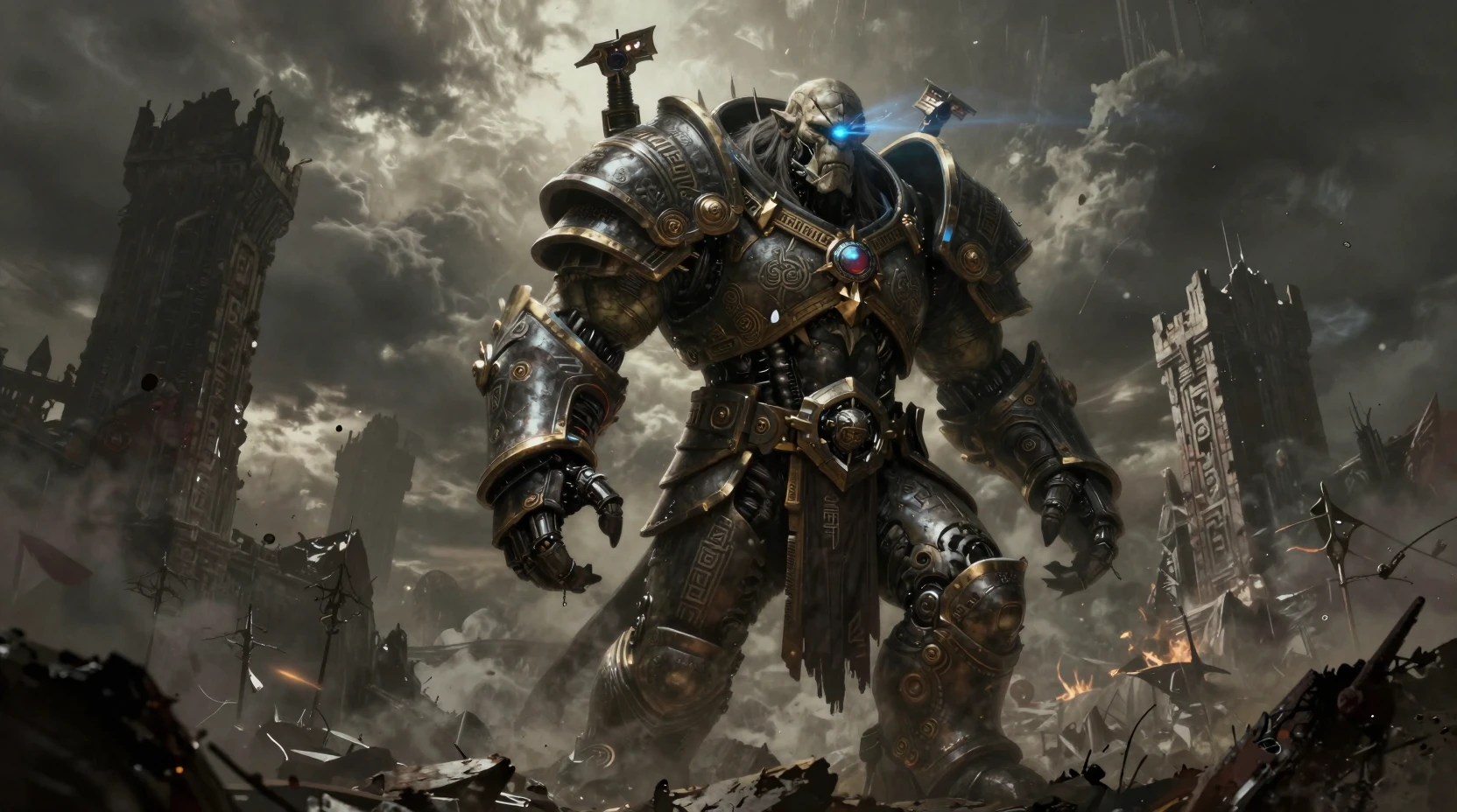 Orc general on ruined citadel above stormy battlefield