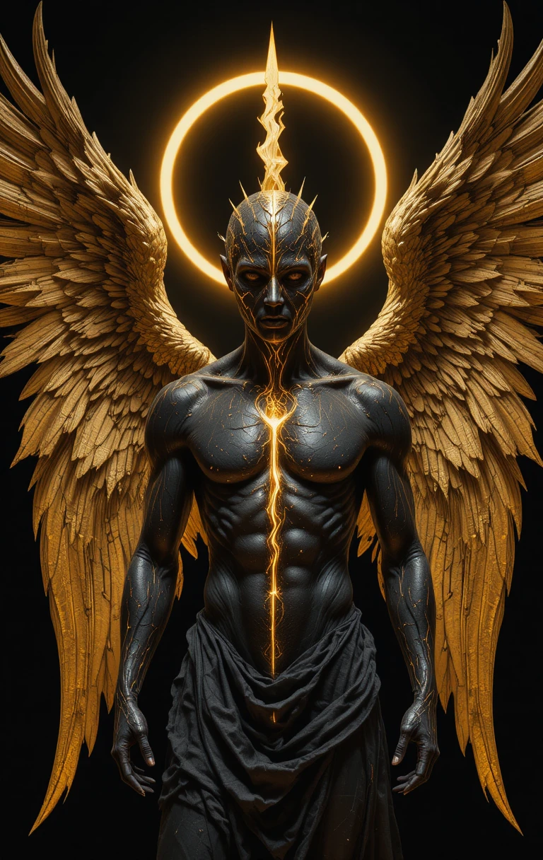 Ripped angel with glowing golden wings on black background