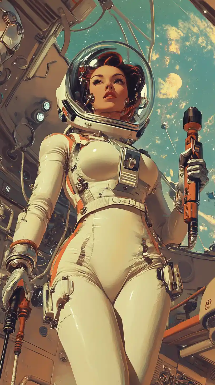 Female astronaut with drill inside retro space station