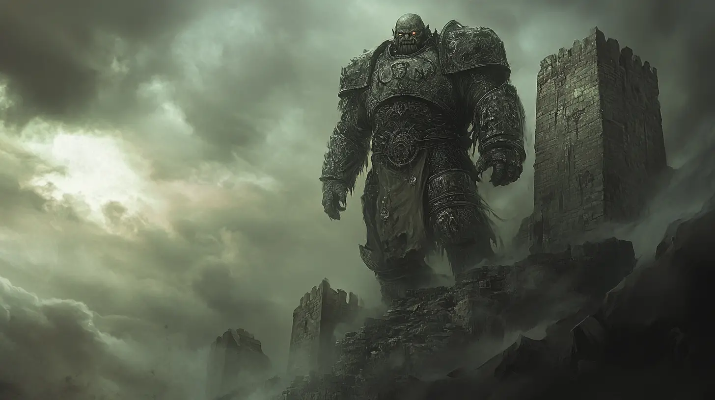 Orc warlord atop a ruined citadel in a storm