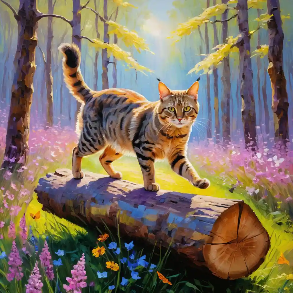 Impressionist painting of a leaping cat in spring forest