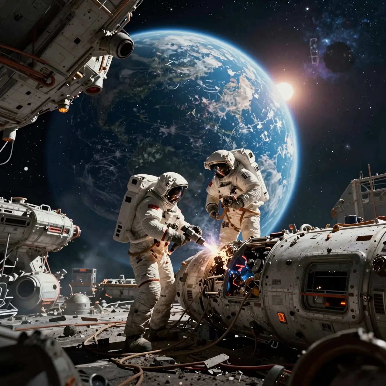 Two astronauts repairing a derelict space station over Earth