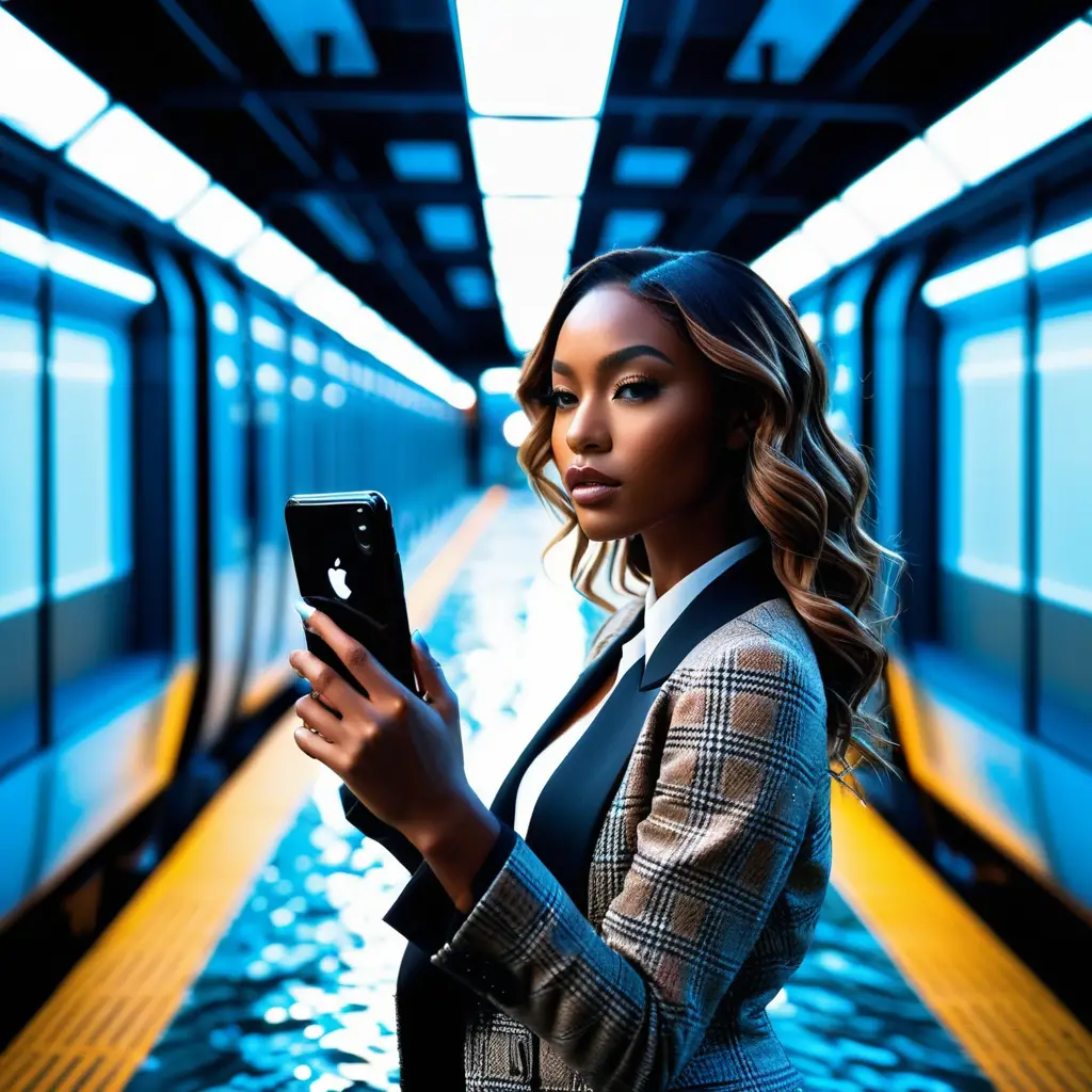 Mujer elegante saliendo del smartphone entre un dramático salpicado de agua