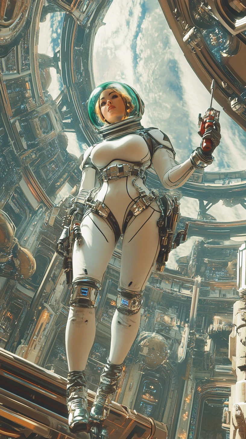 Female astronaut floating in a busy retro futurist space station