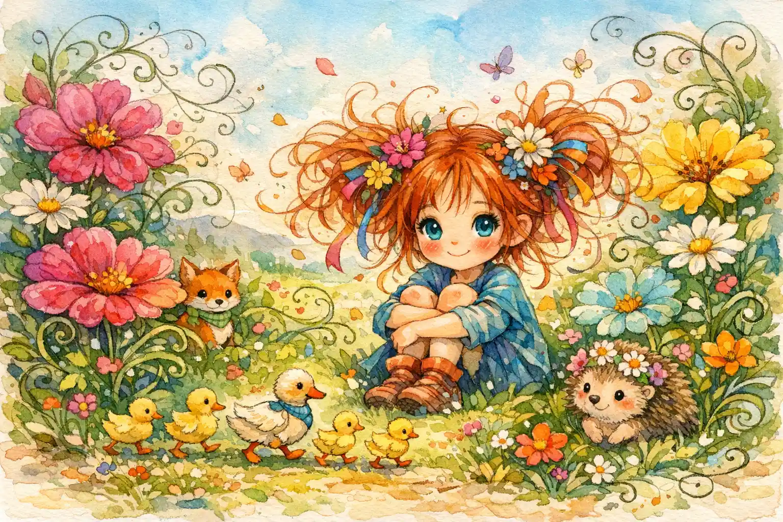 Whimsical watercolor girl in a magical floral garden