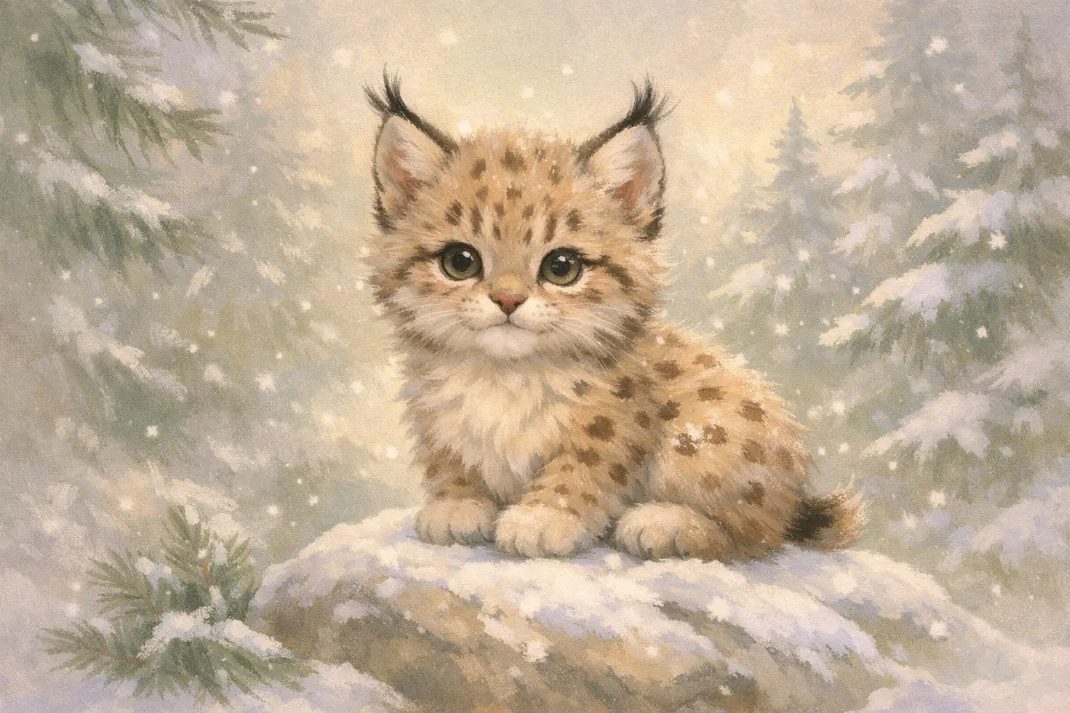 Baby lynx illustration sitting on a rock in snowy forest