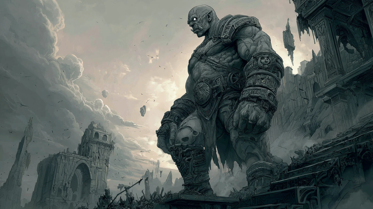 Orc general on ruined citadel above stormy battlefield