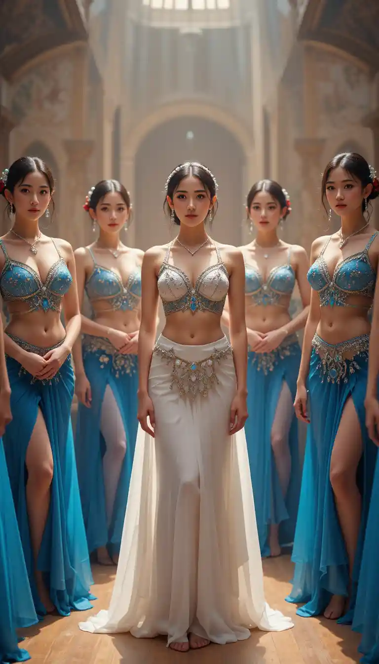 Danseuses d’Asie de l’Est en costumes de danse du ventre bleus attendant ensemble