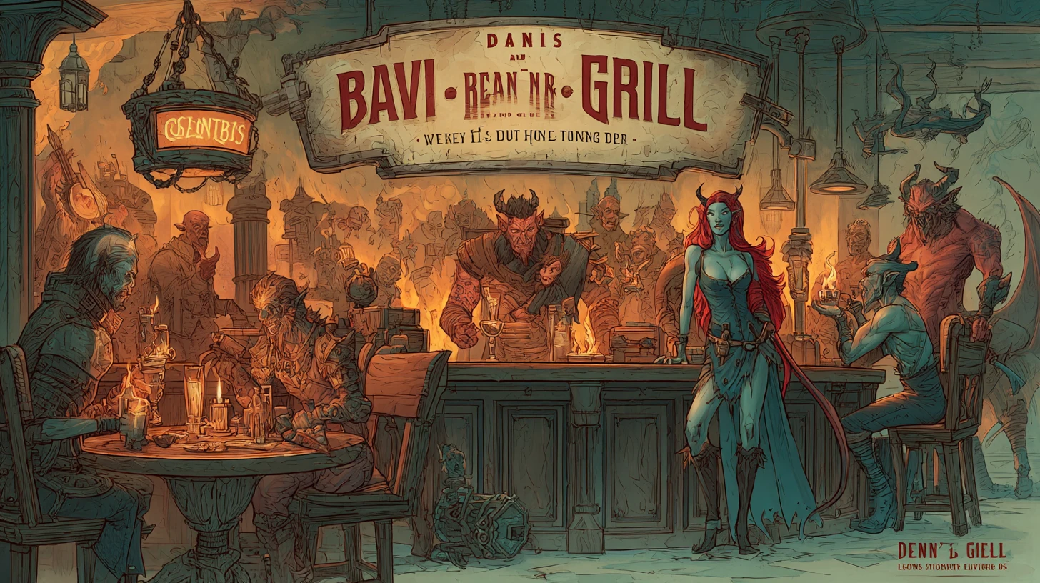 Demonic bar and grill deep in a fiery hell tavern