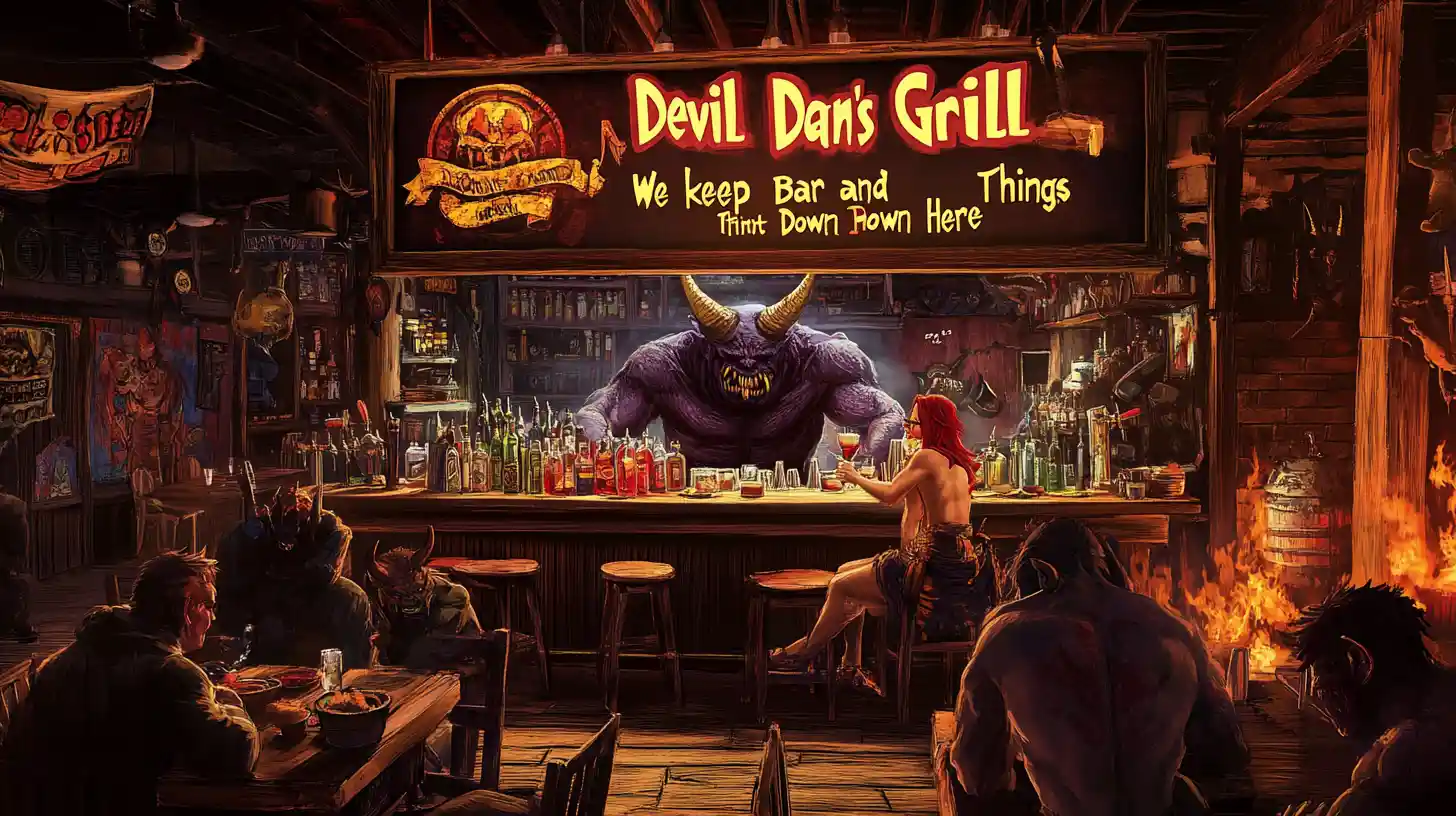 Demonic bartender in a hellish bar and grill scene