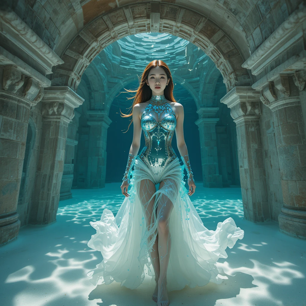 Korean woman standing in a submerged desert oasis pool
