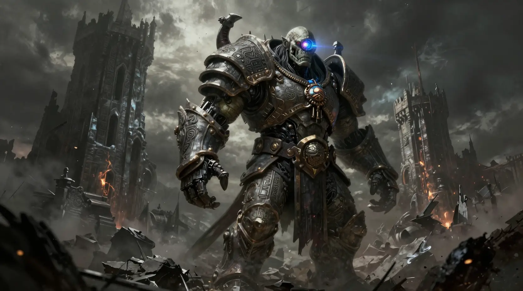 Orc general on ruined citadel above stormy battlefield