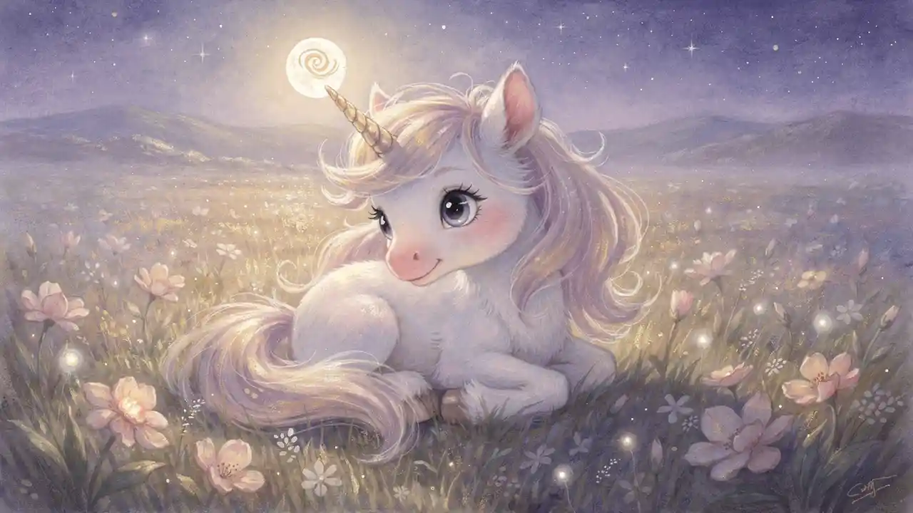 Baby unicorn resting in a moonlit flower meadow illustration