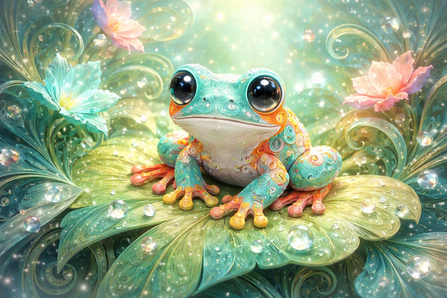 奇幻紙捲藝術小青蛙與發光花朵在葉上