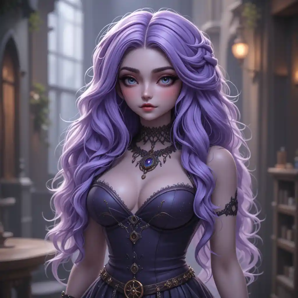 Ragazza gotica curvy adolescente con capelli lavanda intrecciati