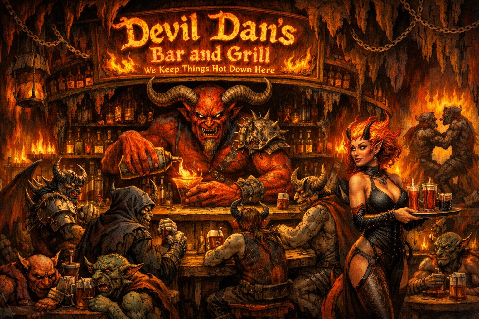 Dämonische Bar & Grill in der Hölle mit finsteren Gästen