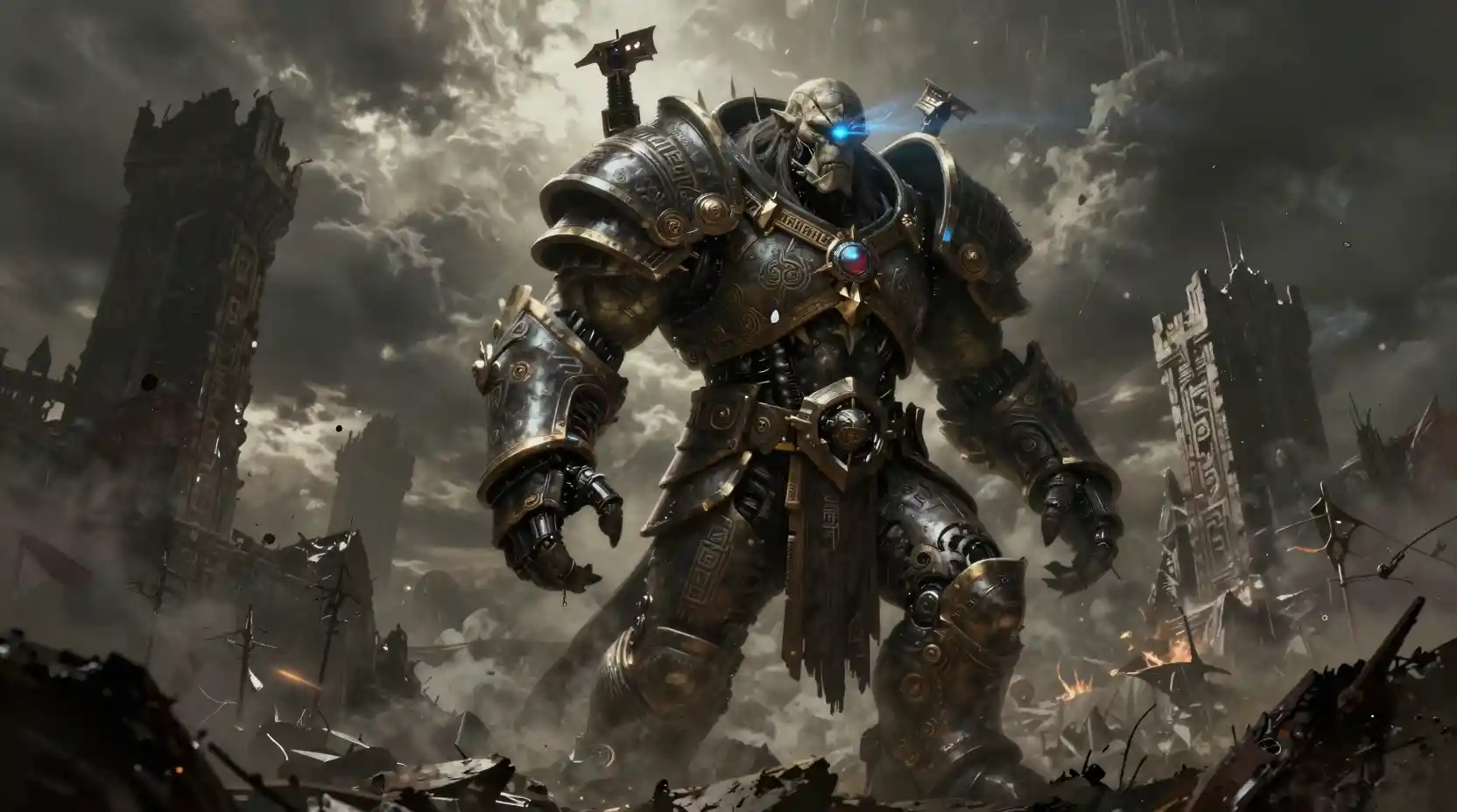 Orc general on ruined citadel above stormy battlefield