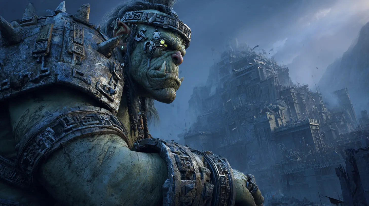 Orc general on ruined citadel above stormy battlefield