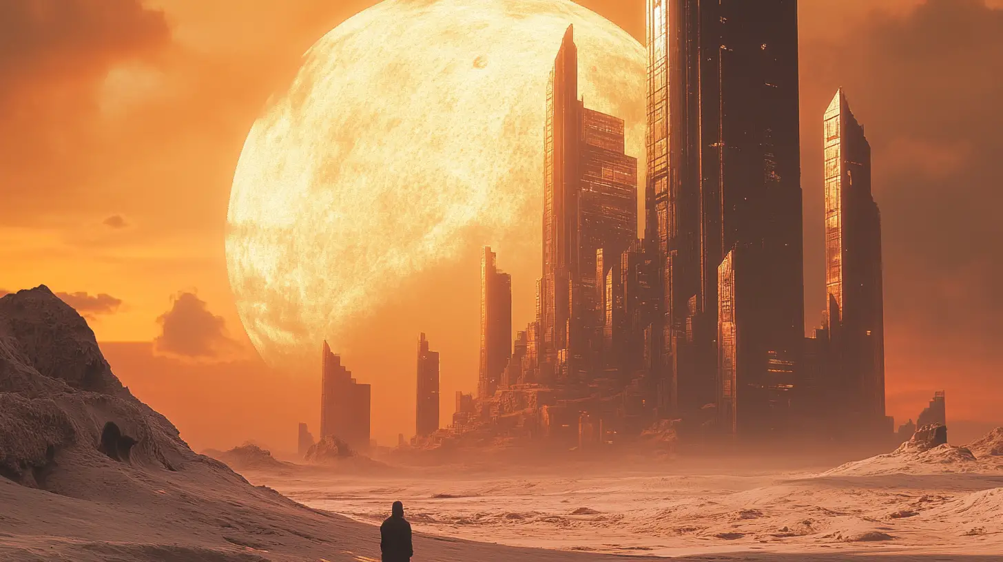 Ancient alien city rising from a cratered moon at sunset