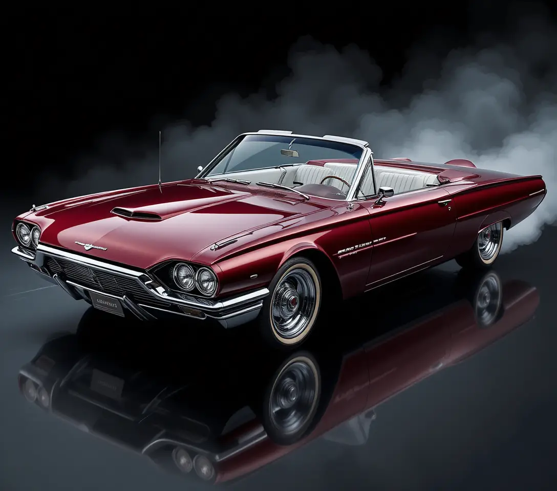Futuristic burgundy convertible car with chrome wheels on black