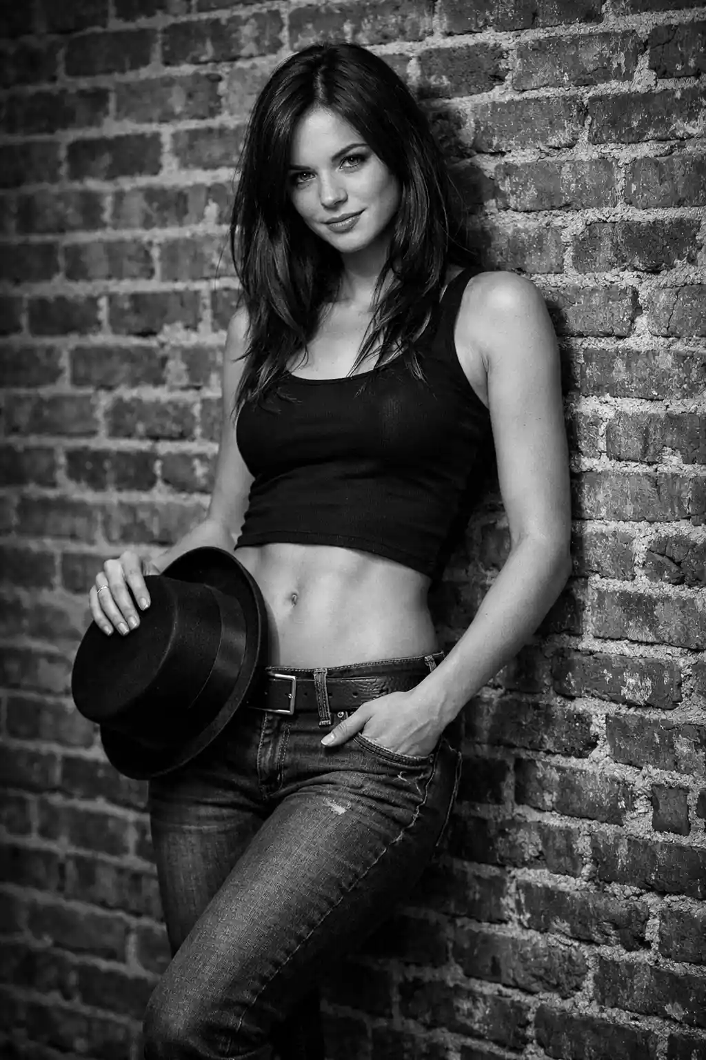 Confident young woman in black and white by brick wall