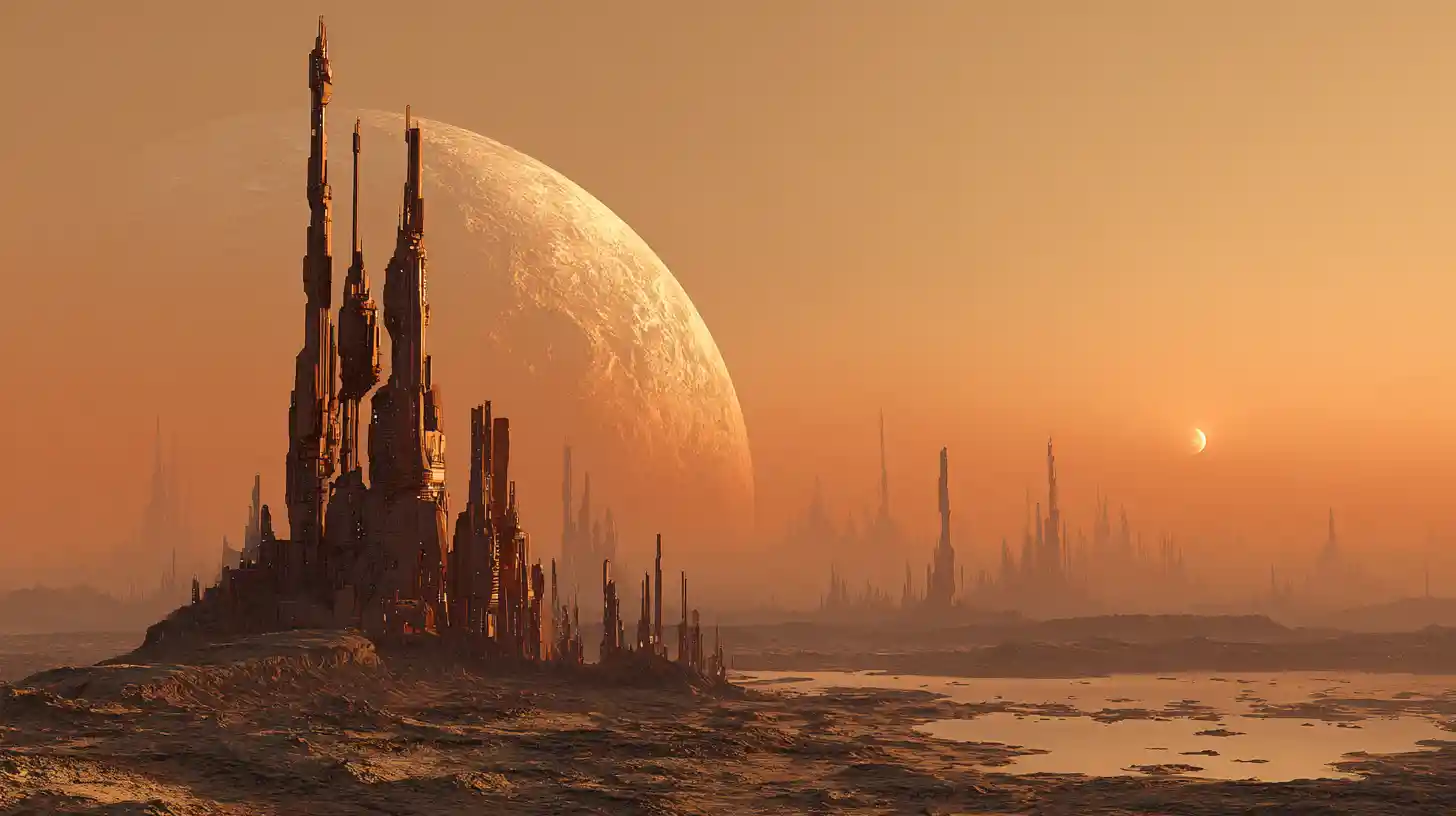 Uralte außerirdische Stadt erhebt sich aus einem trostlosen, verkrater­ten Mond