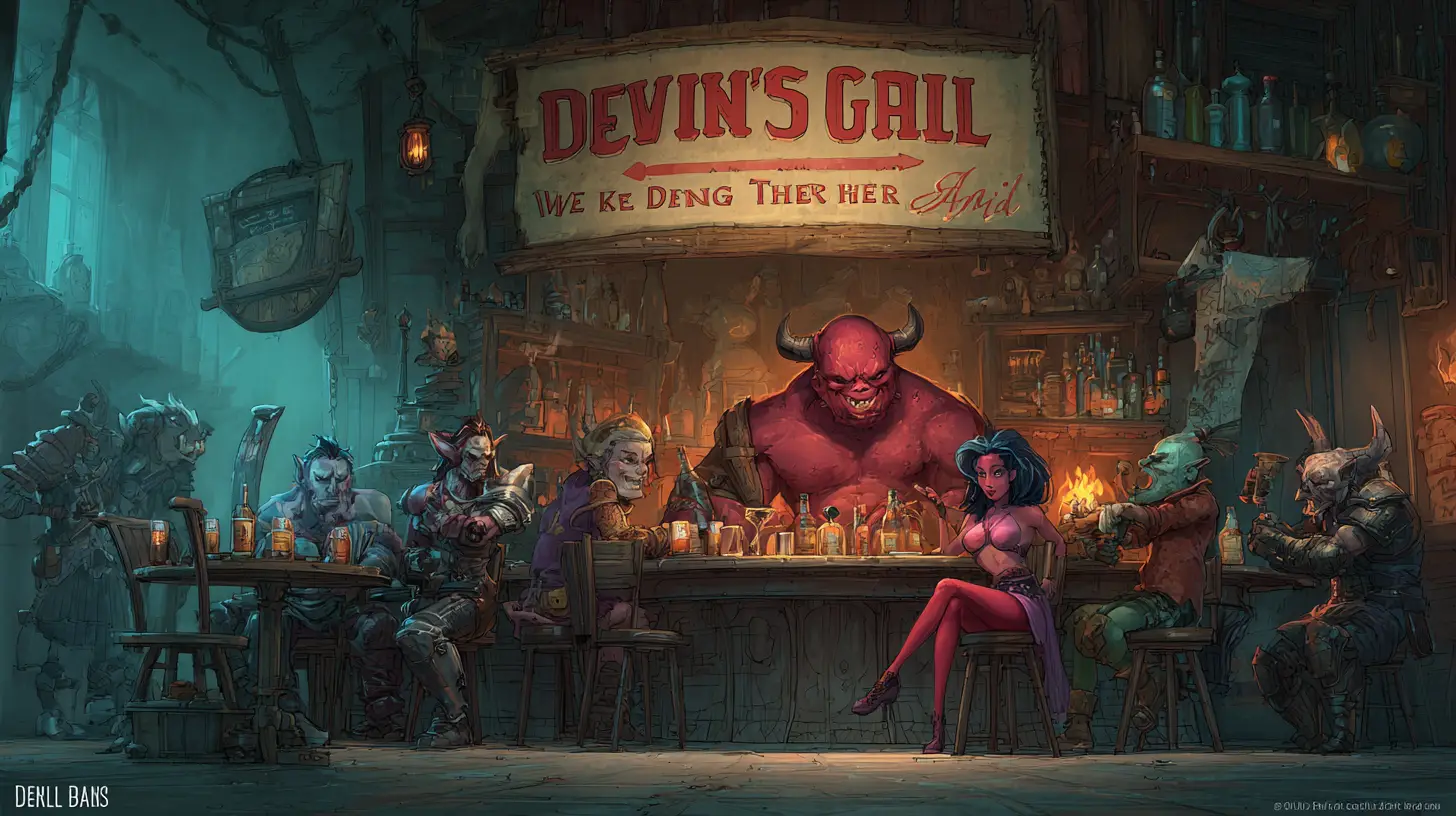 Dämonen-Bar-und-Grill-Szene in einer feurigen Höllentaverne