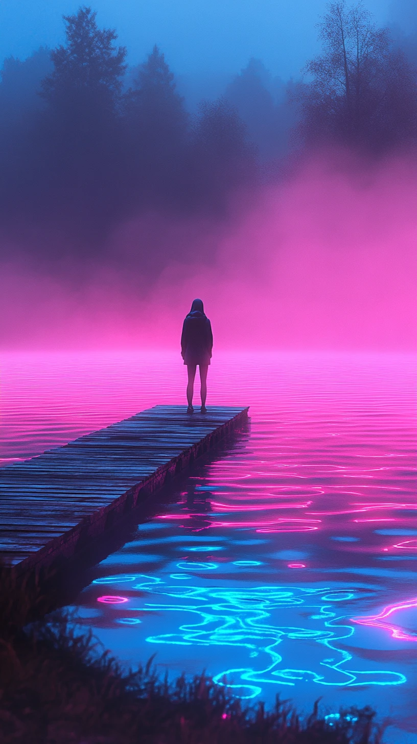 Girl on a dock at a misty pink bioluminescent lake