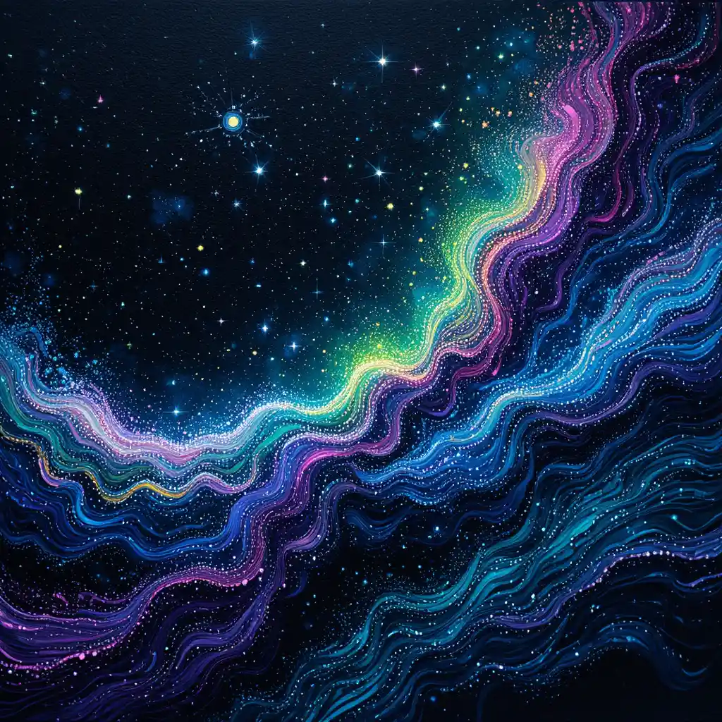 Neon aurora energy waves in cosmic pointillist space