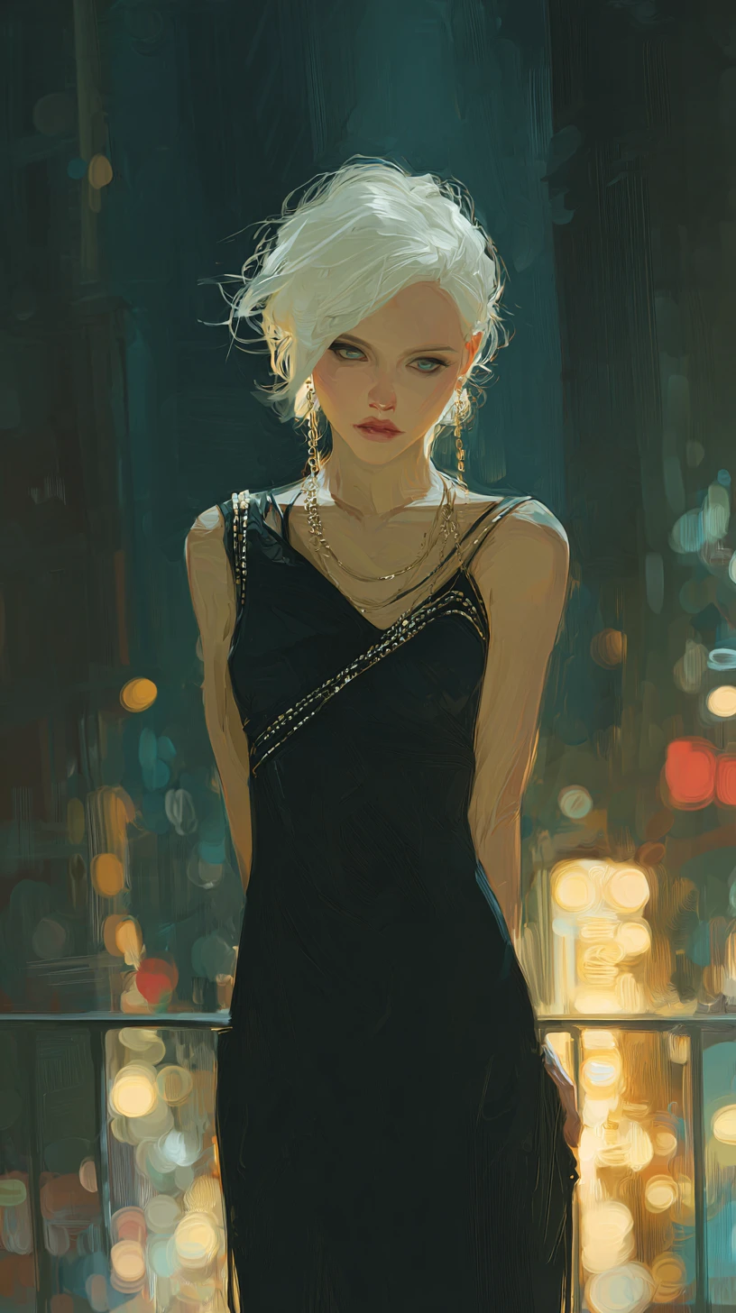 Platinum blonde woman on neon lit New York rooftop