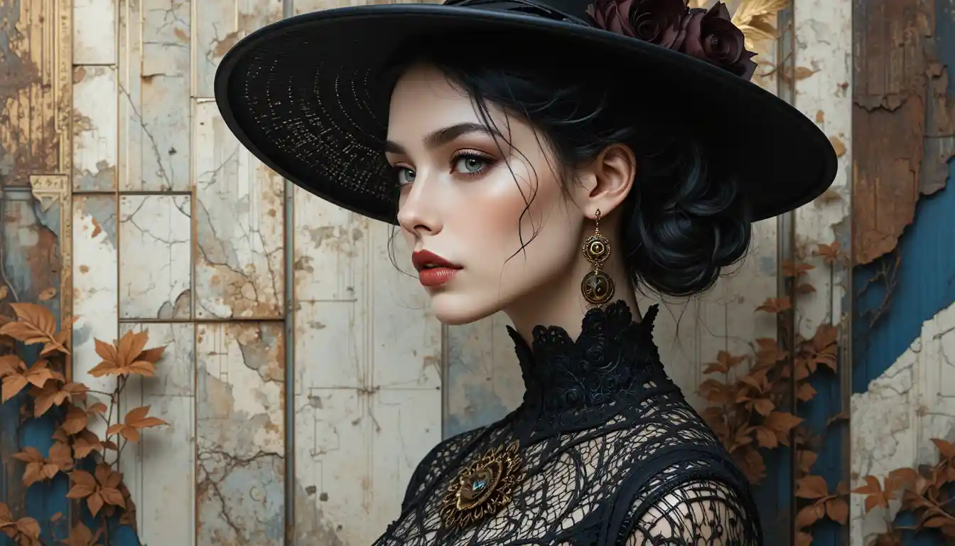 Gothic woman in black lace hat in autumn park portrait