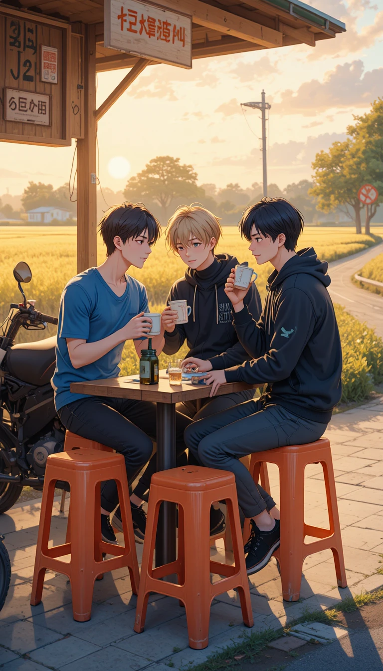Three friends share drinks at a roadside anime style stall