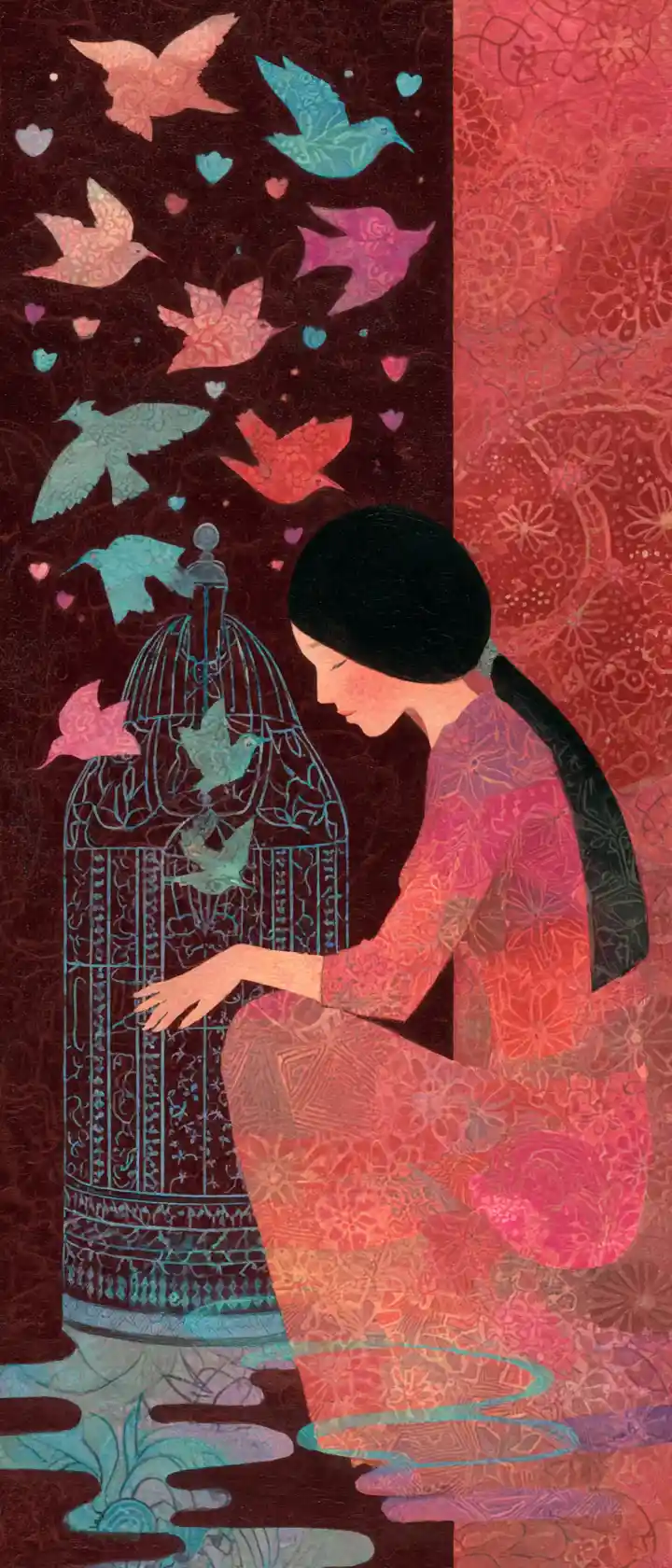 Woman kneeling by empty birdcage with rainbow birds escaping
