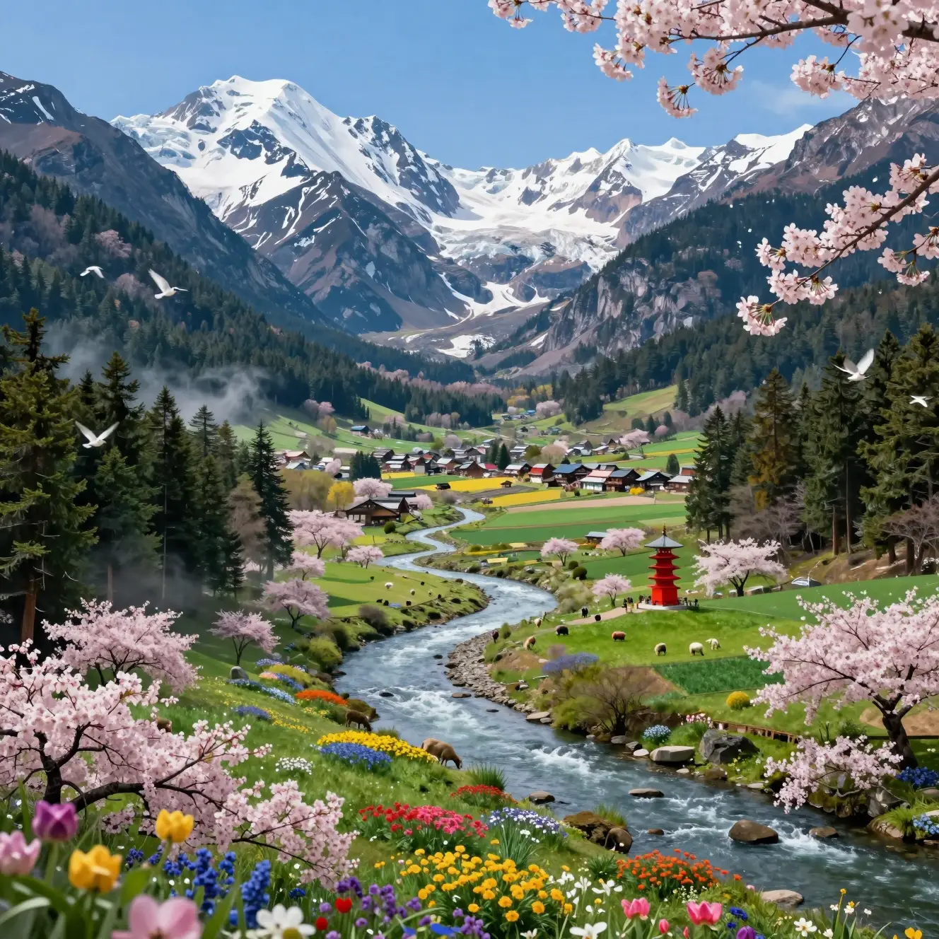 Serene Alpine Valley With River And Distant Japanese Village