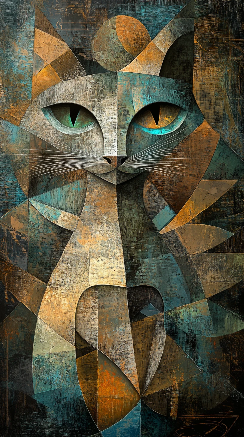 Surreal cubist cat portrait in fragmented geometric forms