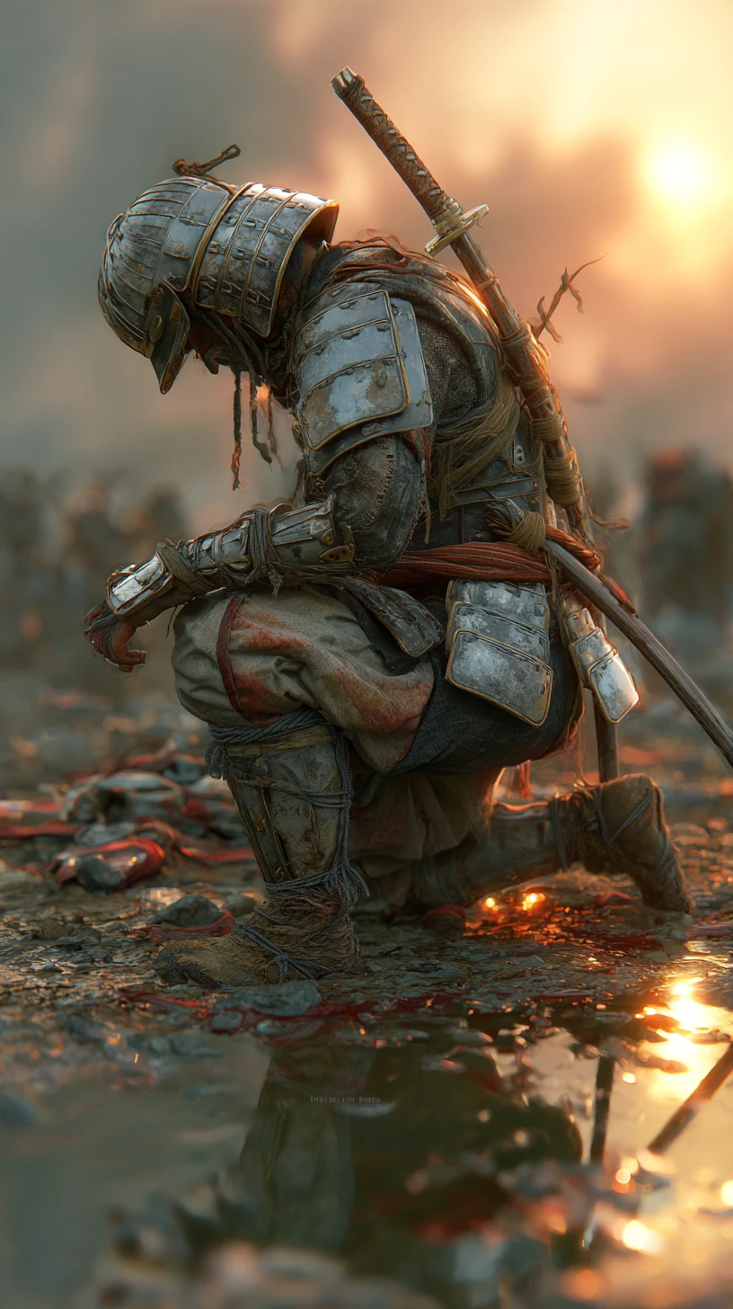 Samurai kneels in reflection on a ruined battlefield