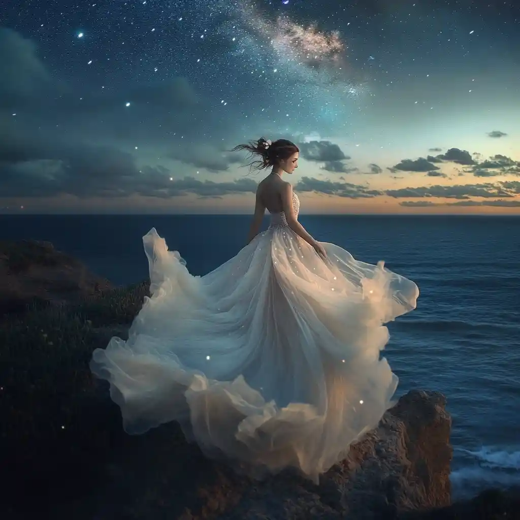 Ethereal woman on cliffside gazing over starlit ocean