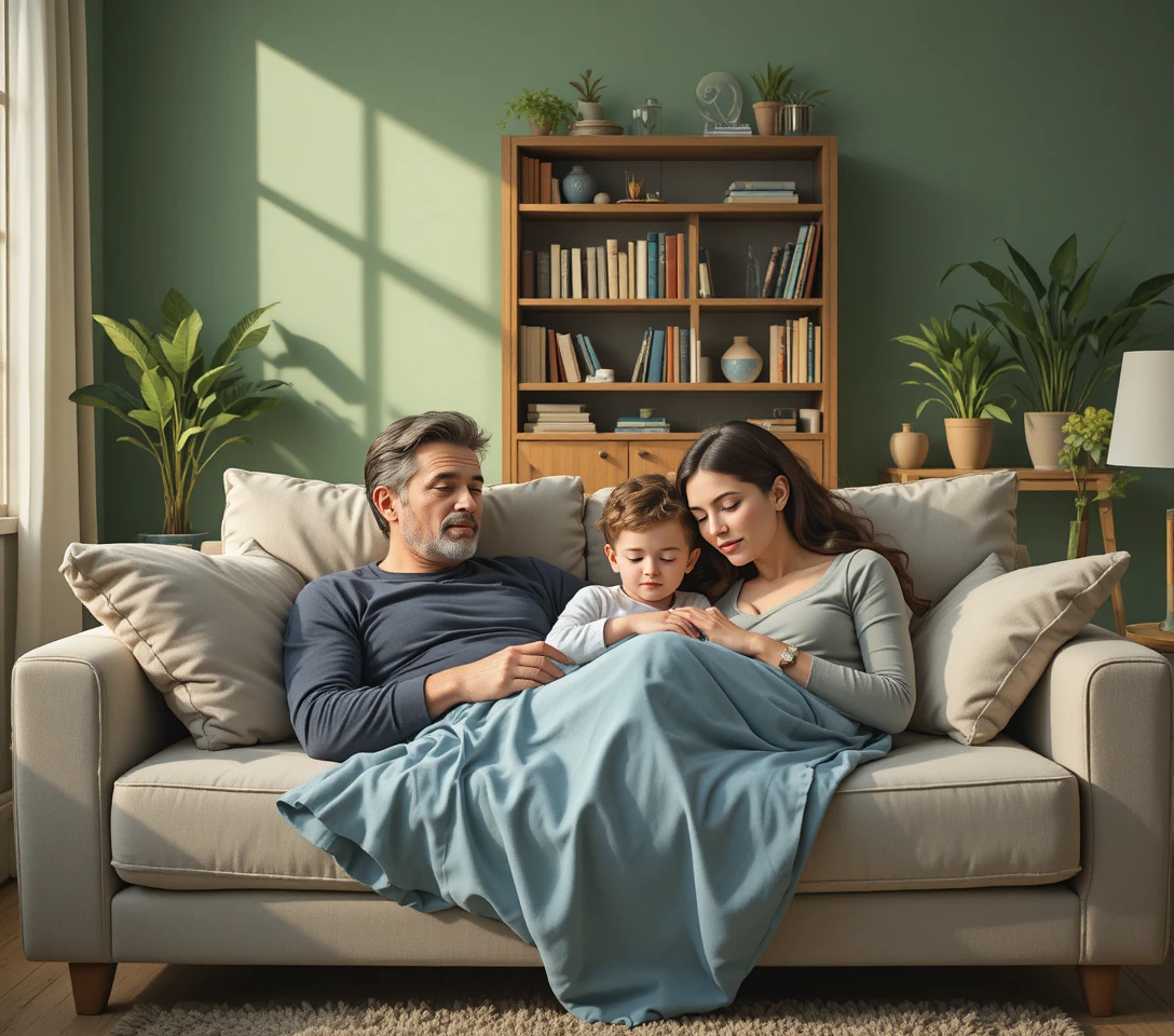 Sleeping family resting together on a cozy living room sofa