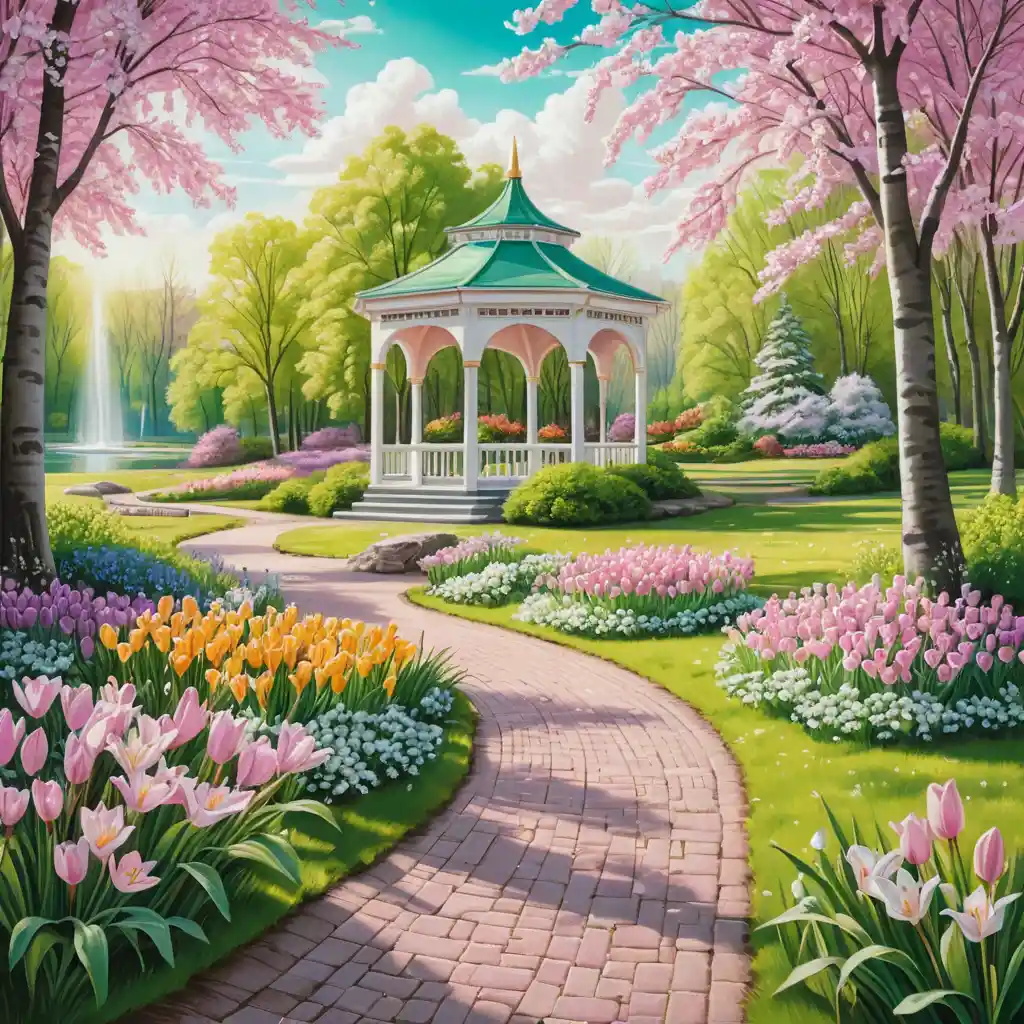 Sentiero di un parco primaverile con padiglione e fiori in fiore