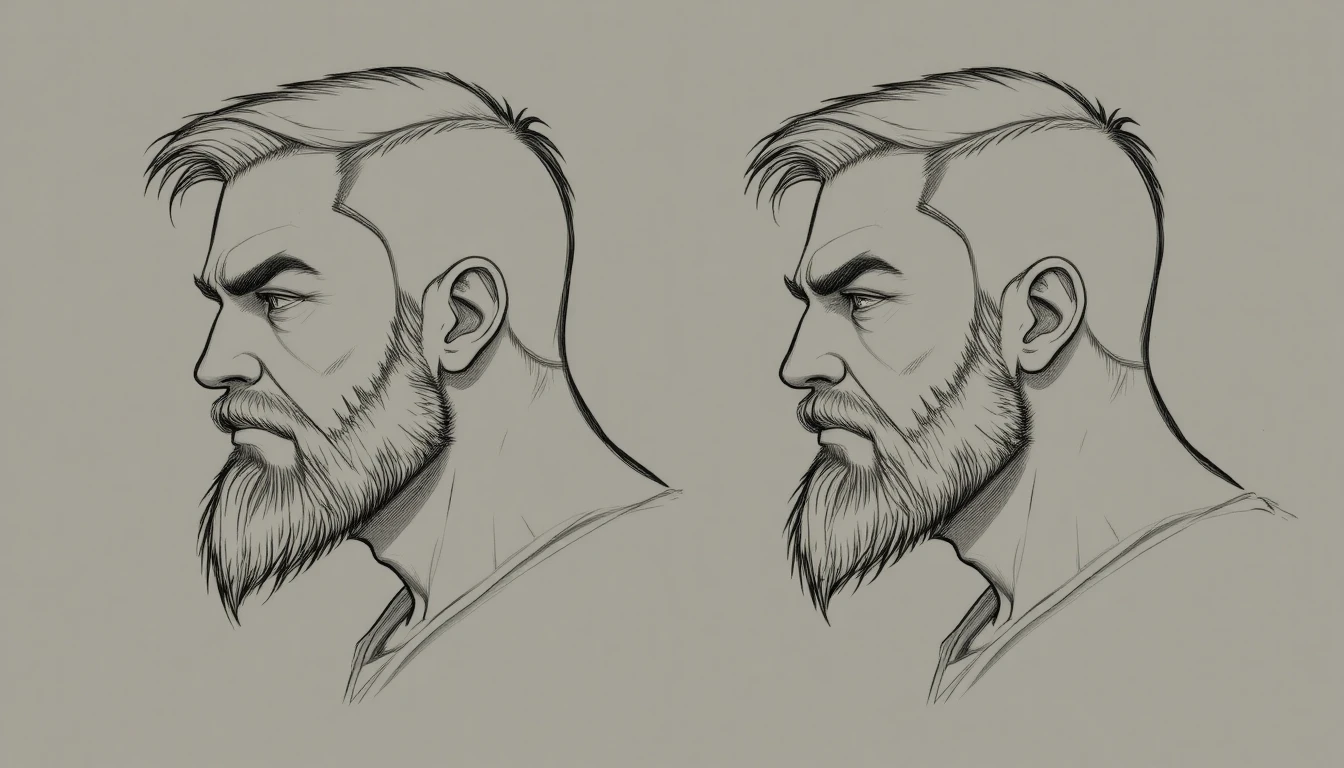 Strenger bärtiger Mann im gespiegelten Profil als Line Art